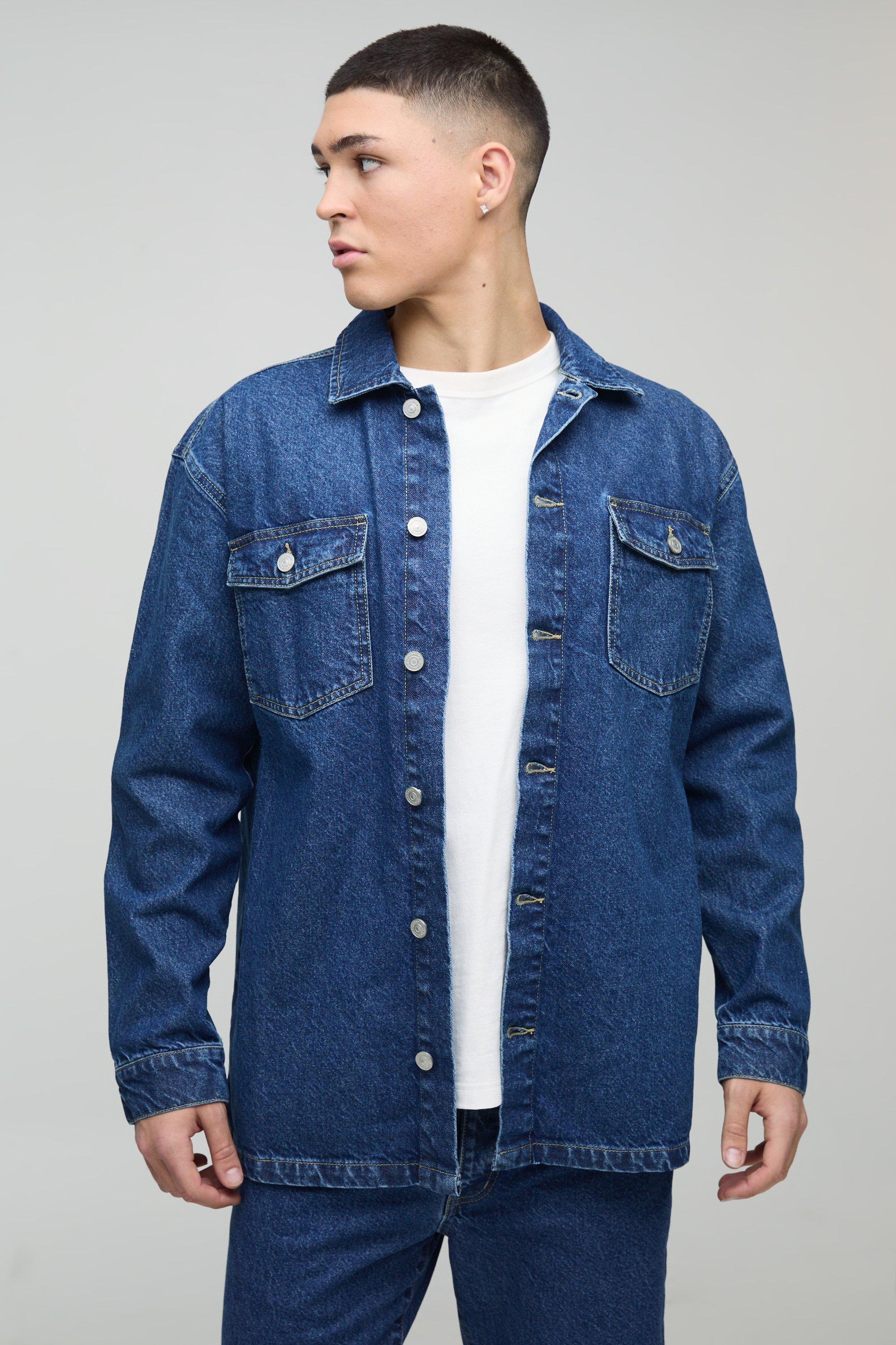 Mens Blue Oversized Denim Back Embroidered Shirt, Blue